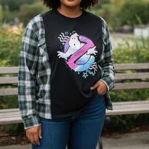 Upcycled Ghostbusters Flannel Shirt  Green & Black Plaid large -2x osfm